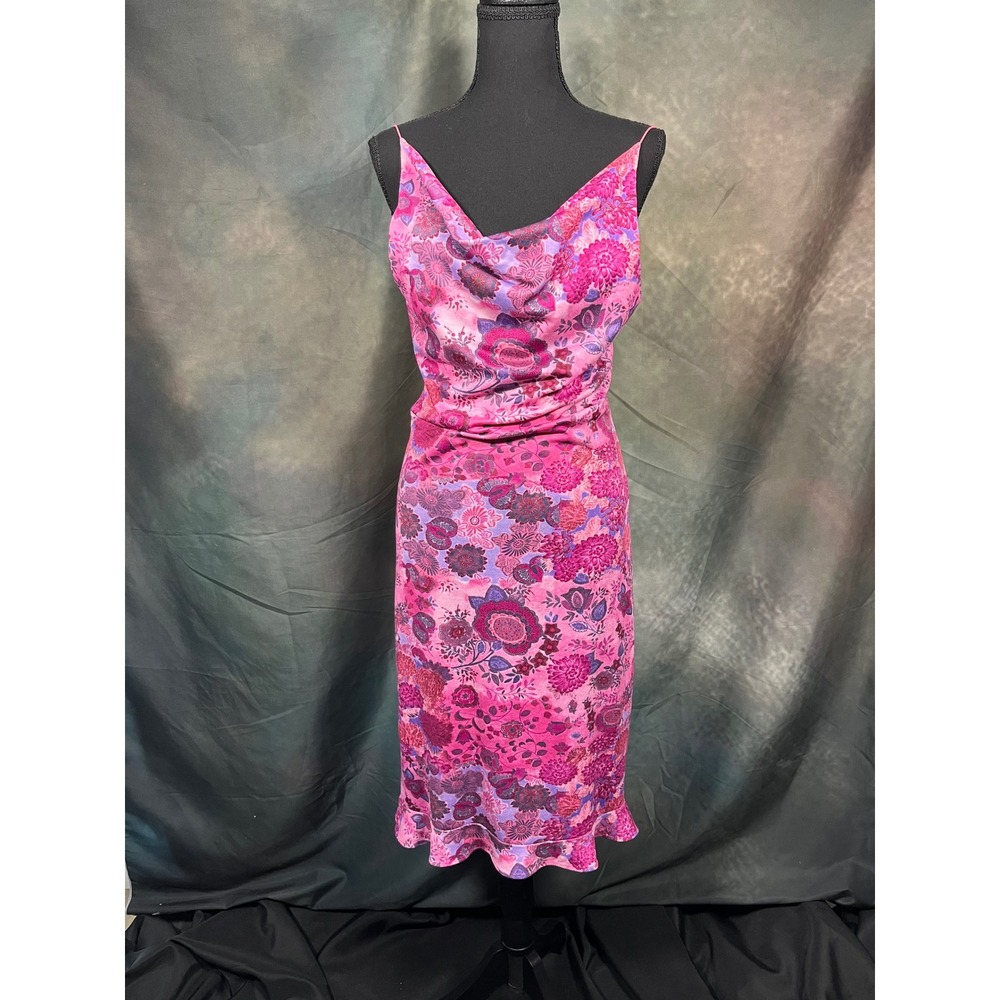 579 Vintage Y2K Pink Floral Cowl Neck Midi Dress Ruffle Hem Sleeveless Size Med